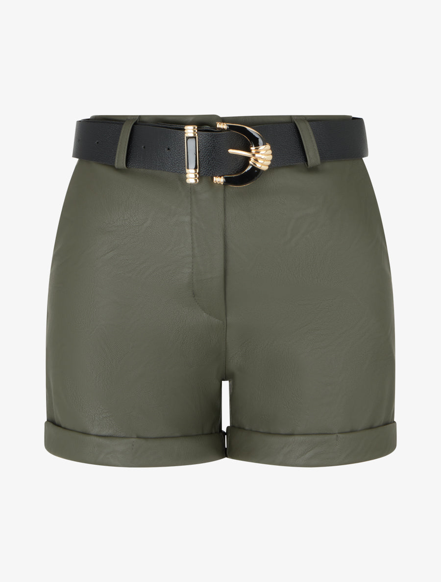 Short ceinturé à revers en simili - Kaki - 1