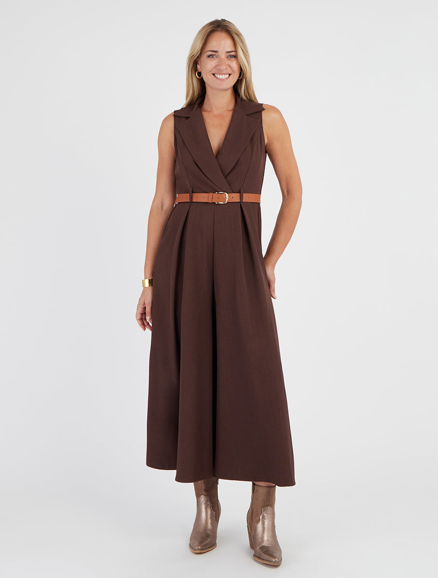 Combinaison ceinturée unie sans manches - Marron - 8