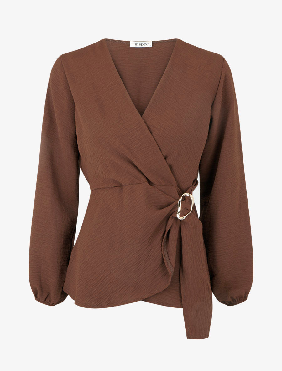 Blouse unie style portefeuille à col cache-coeur - Marron - 1