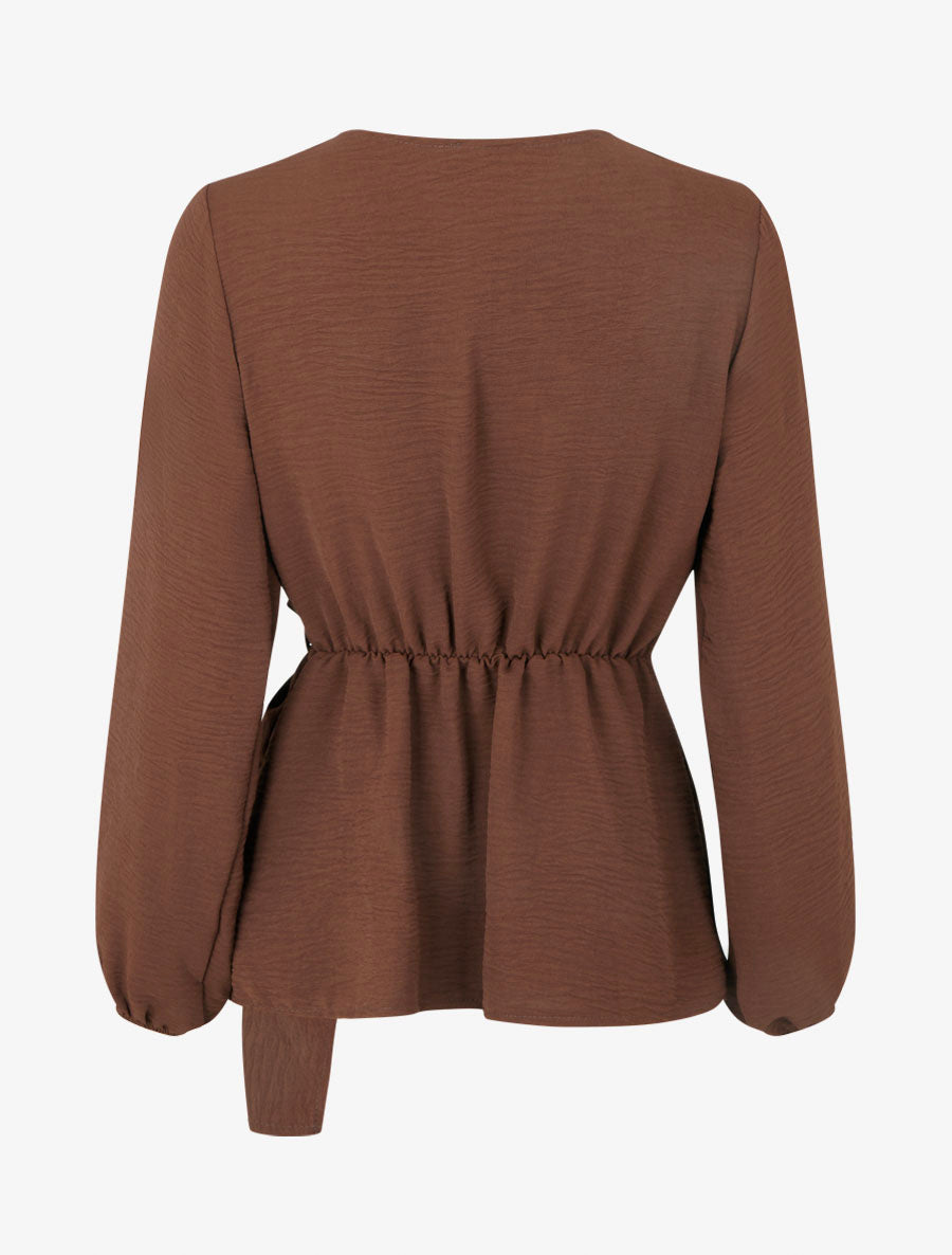 Blouse unie style portefeuille à col cache-coeur - Marron - 2
