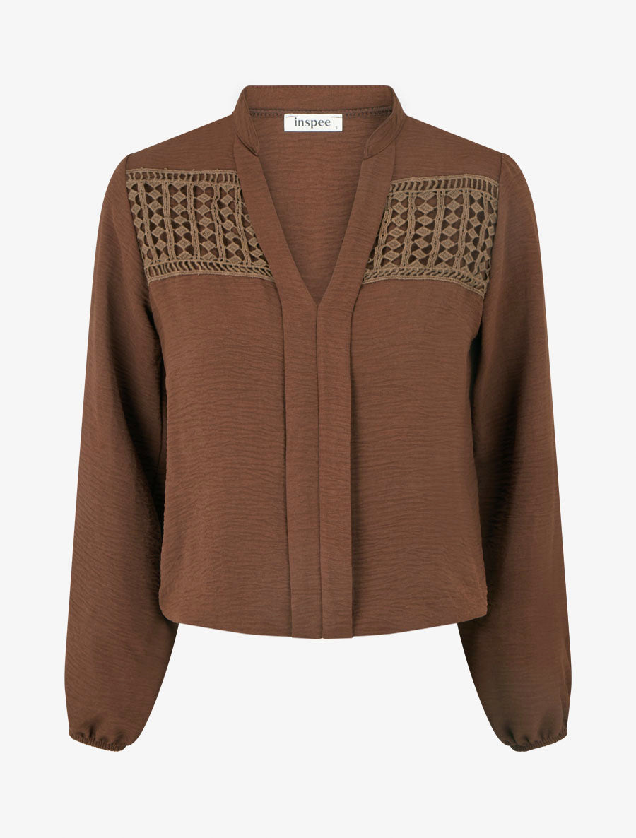 Blouse fluide coupe boule à détail crochet - Marron - 1