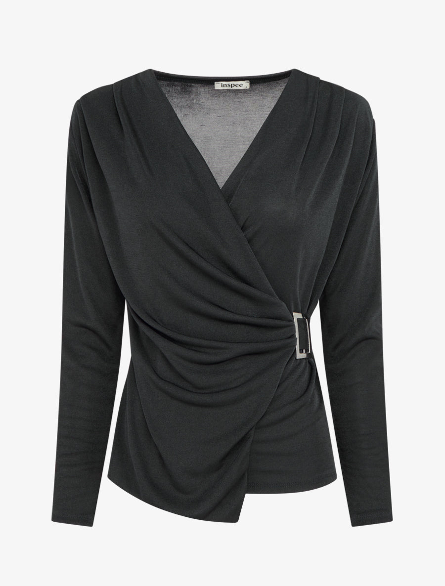 Top satiné à boucle et manches longues - Noir - 1