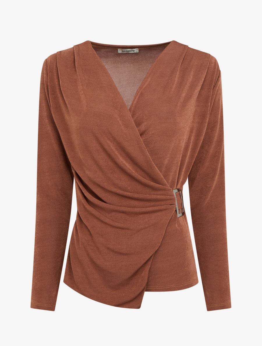 Top satiné à boucle et manches longues - Marron - 1