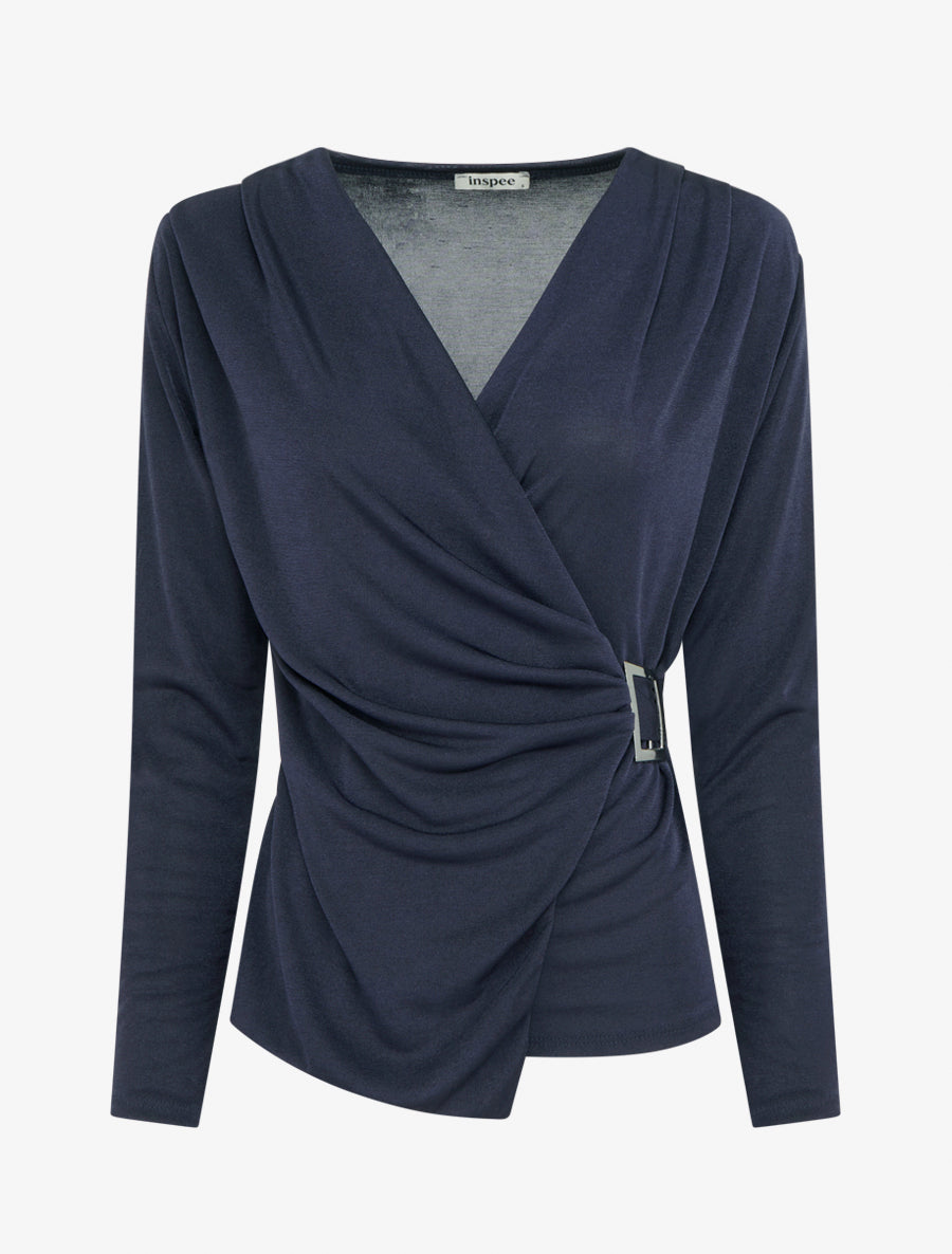 Top satiné à boucle et manches longues - Marine - 1
