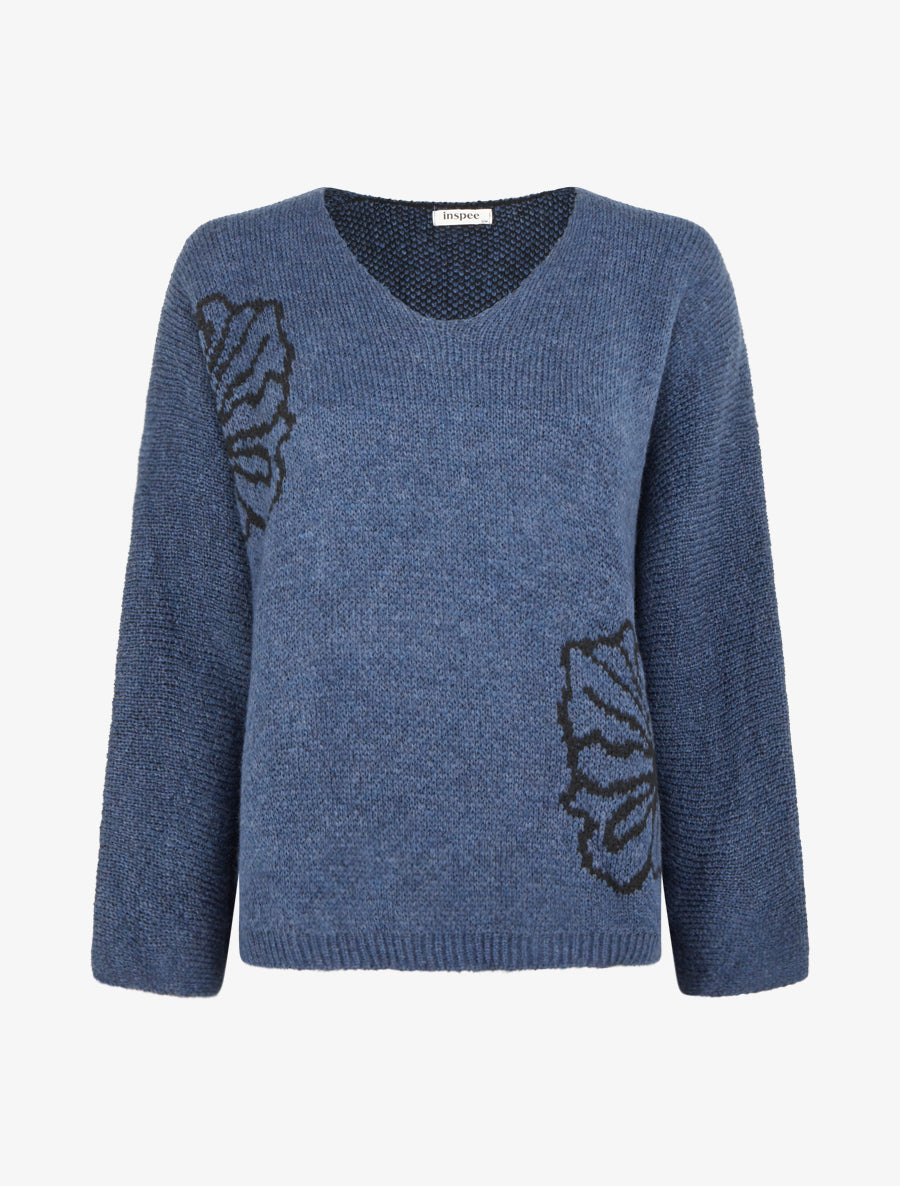 Pull à col rond à motif floral - Marine - 1