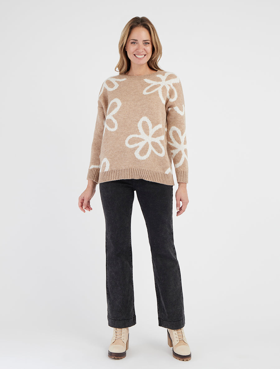 Gerader Pullover mit Blumenmuster - Beige