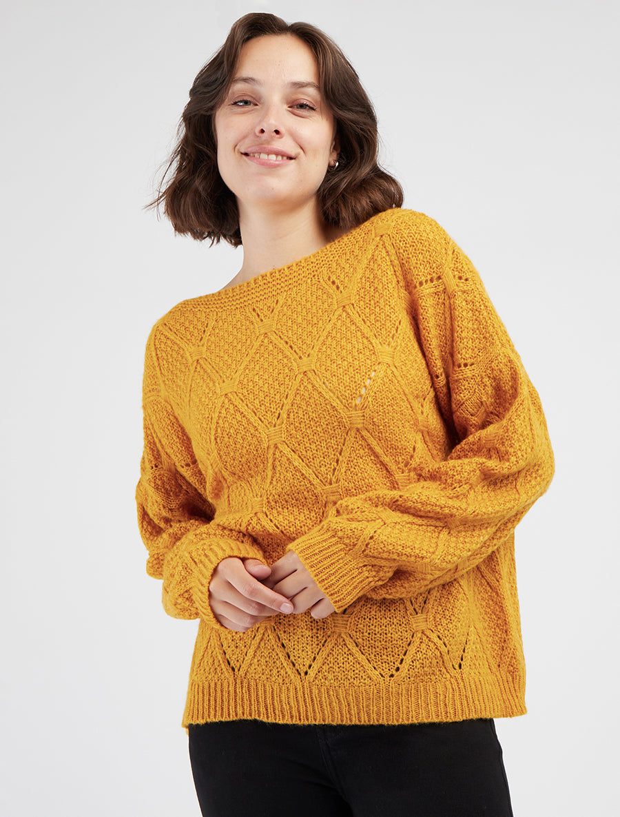 Einfarbiger, durchbrochener Pullover mit Rundhalsausschnitt - Senfgelb