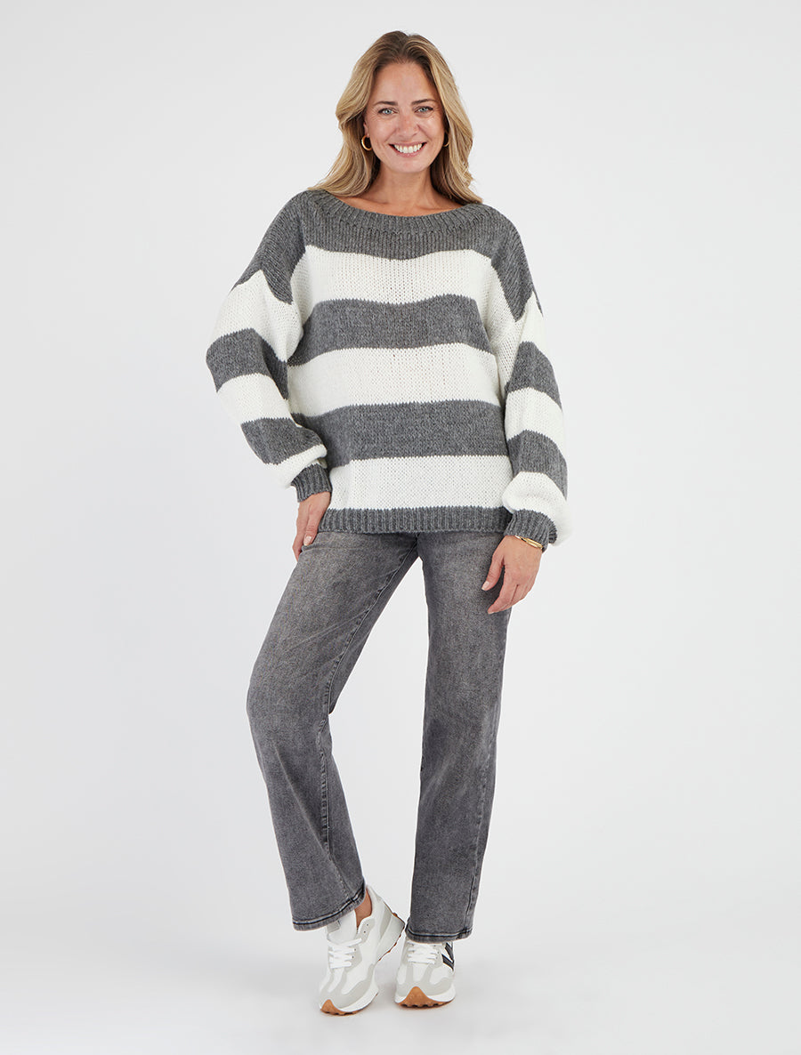Gestreifter zweifarbiger Strickpullover - Grau