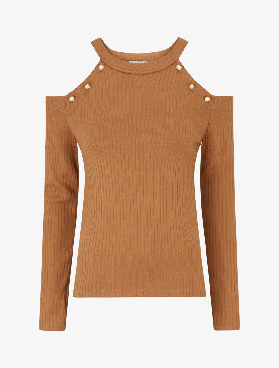 Pull côtelé à épaules dénudées - Camel - 1