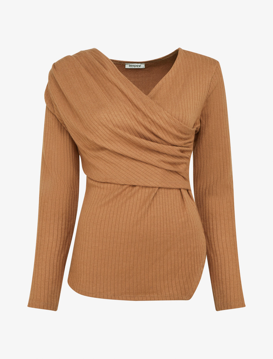 Pull fin côtelé à cache-cœur stylisé - Camel - 1