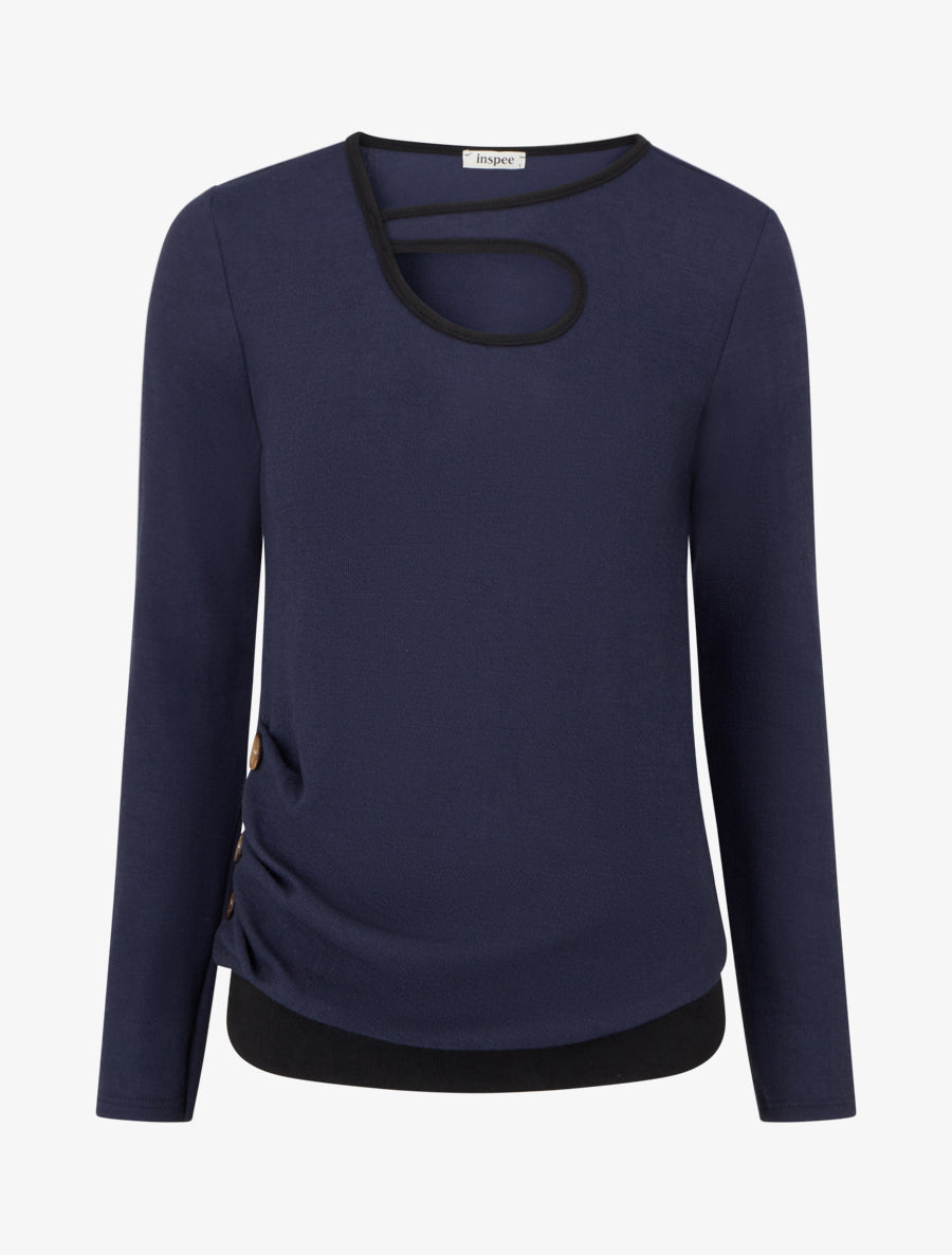 Pull fin ajouré à boutons - Marine - 1