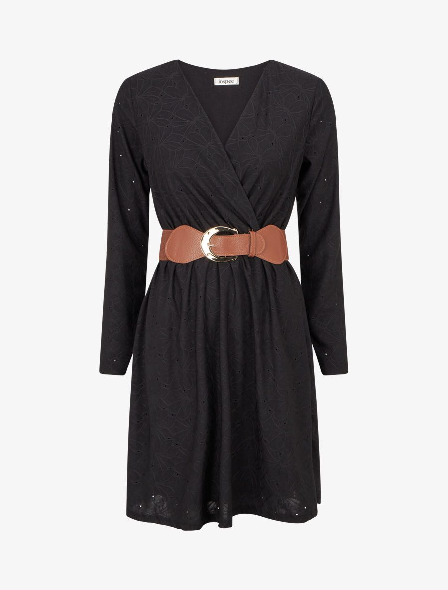 Robe evasée effet fleurs brodées - Noir - 1