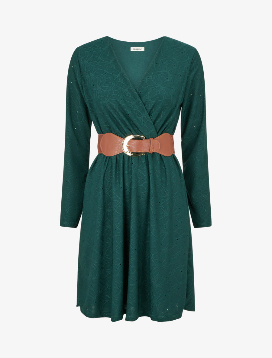 Robe evasée effet fleurs brodées - Vert foncé - 1