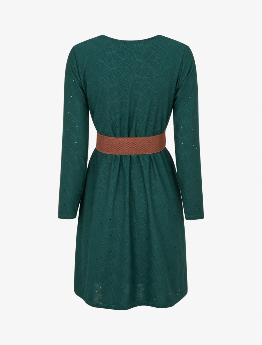 Robe evasée effet fleurs brodées - Vert foncé - 2