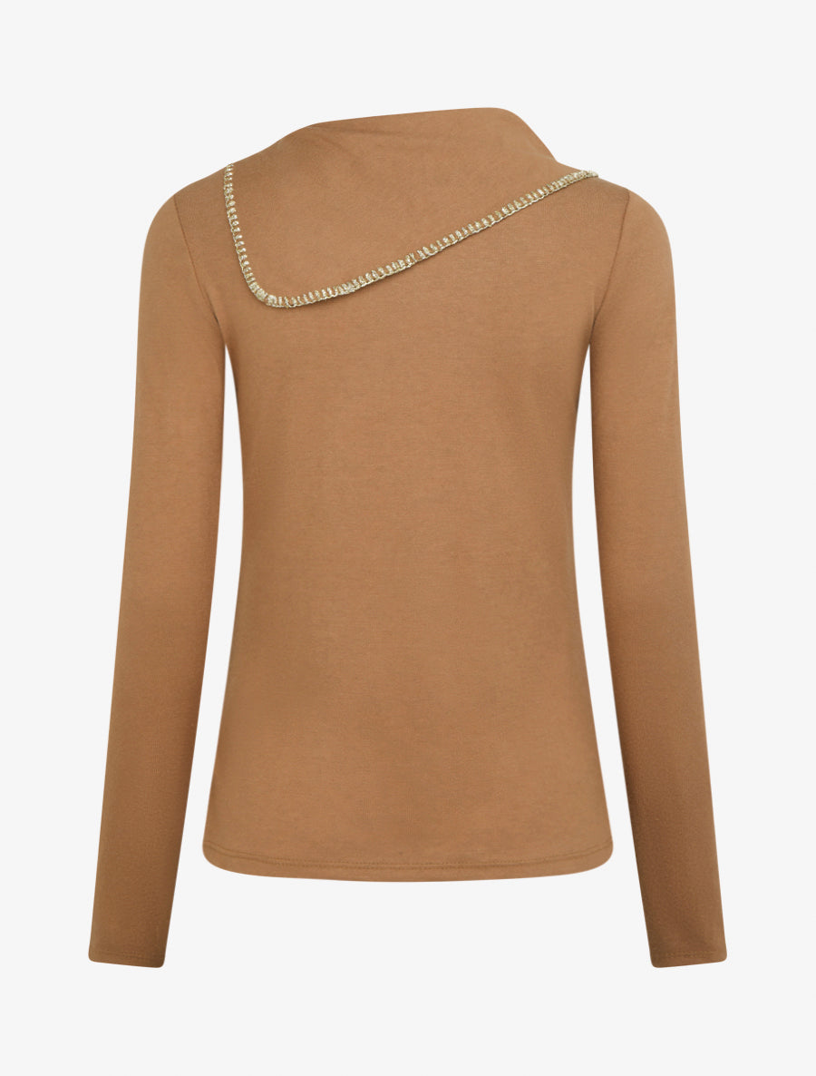 Pull fin à col fantaisie à revers - Camel - 2