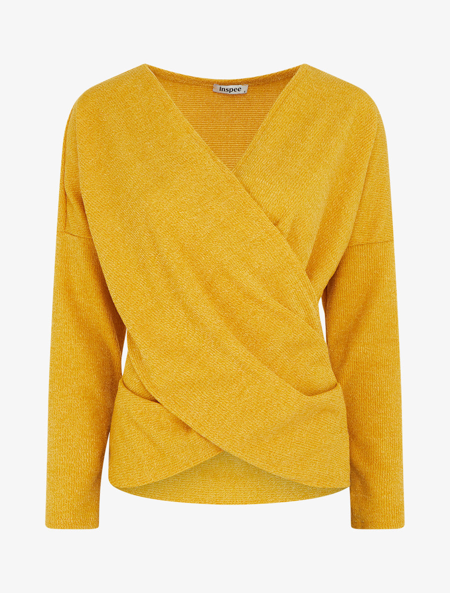 Pull fin uni à col cache-coeur - Jaune moutarde - 1