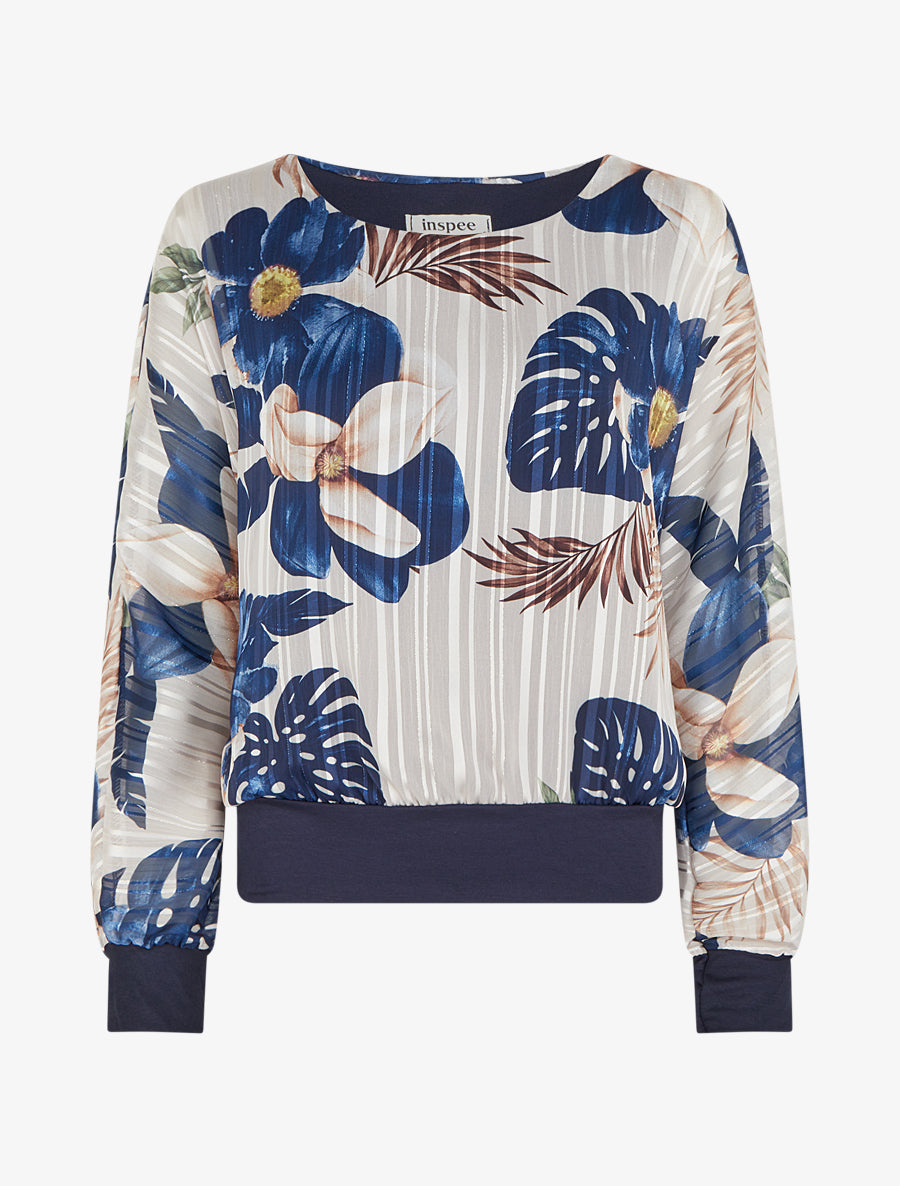 Blouse en voile imprimé feuillage à détail irisé - Marine - 1
