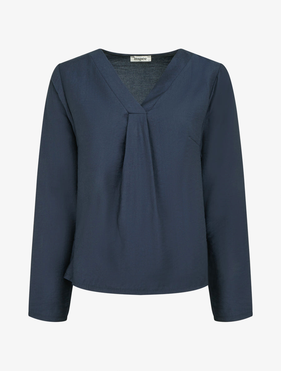 Blouse droite unie à col V - Marine - 1