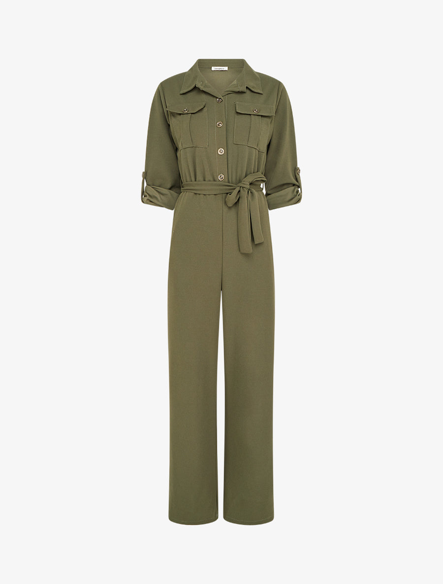 Combinaison unie à taille élastiquée - Kaki - 1