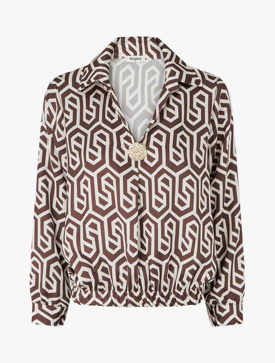 Blouse satinée imprimé rétro - Marron - 1