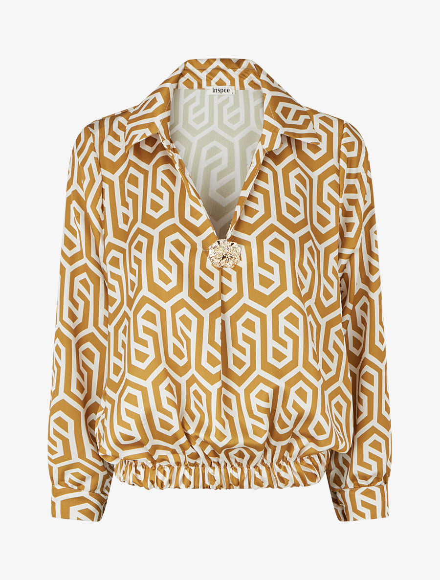 Blouse satinée imprimé rétro - Jaune moutarde - 1