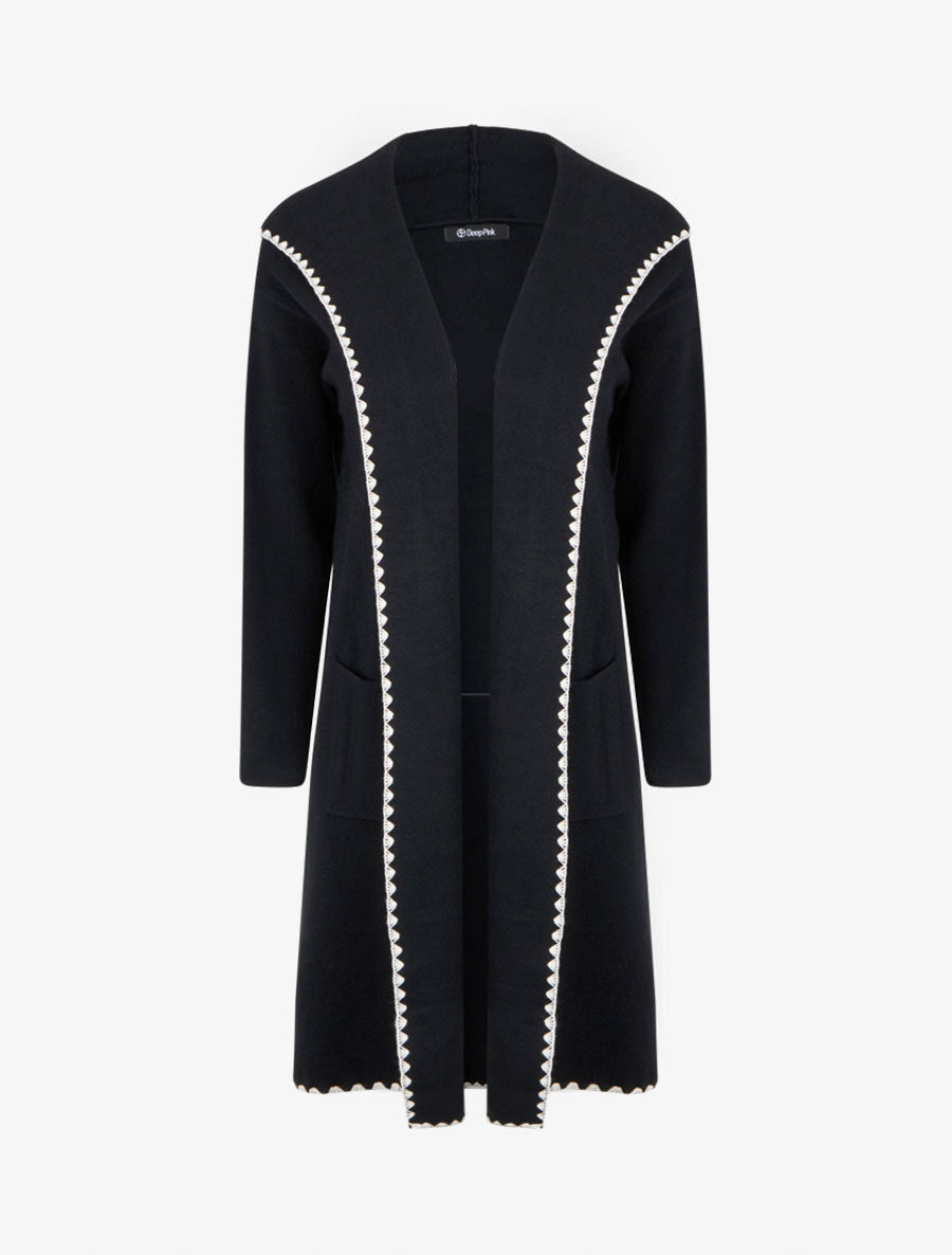 Langer Kapuzenpullover mit besticktem Besatz - Schwarz