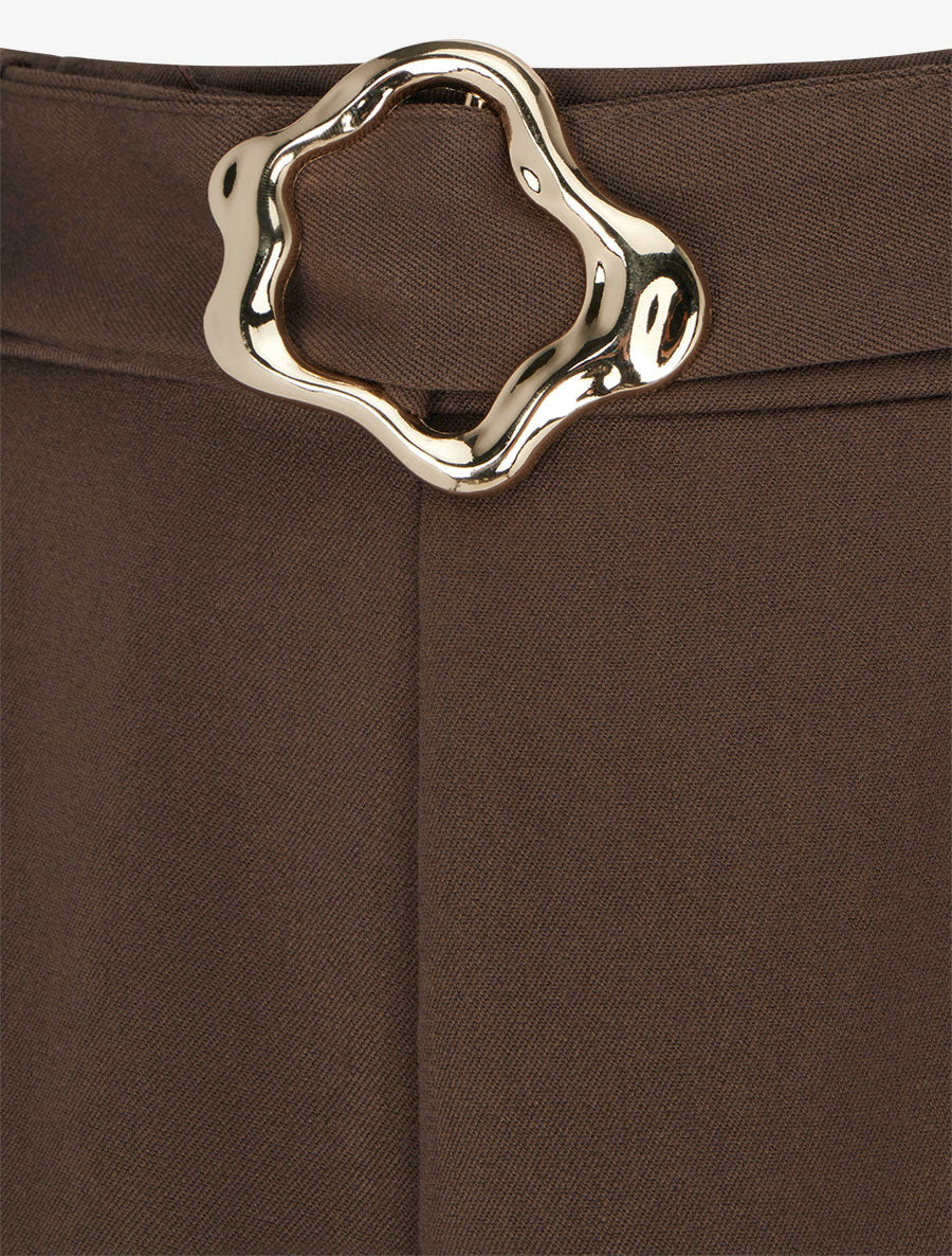 Jupe mi-longue unie à empiècement bijou - Marron - 3