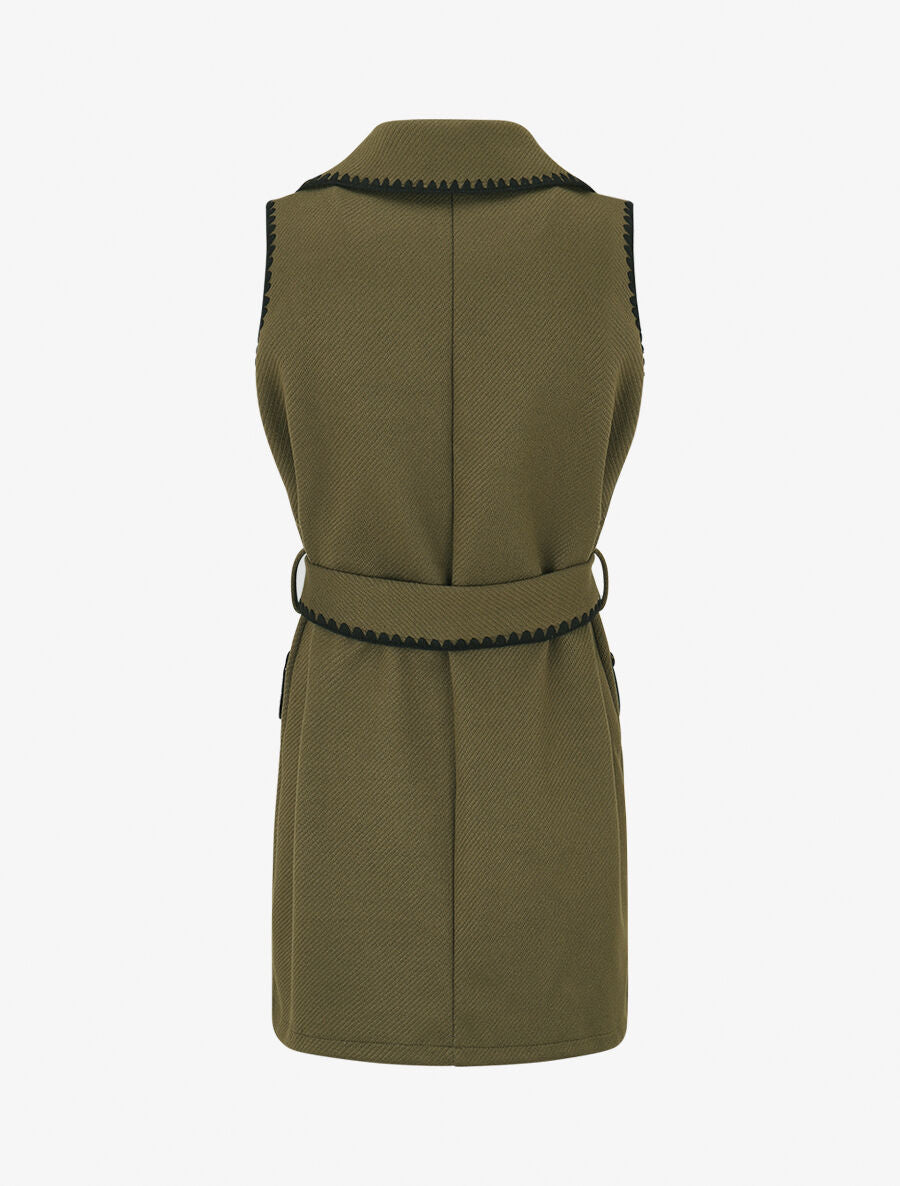 Gilet long sans manches à détail brodé - Kaki - 2