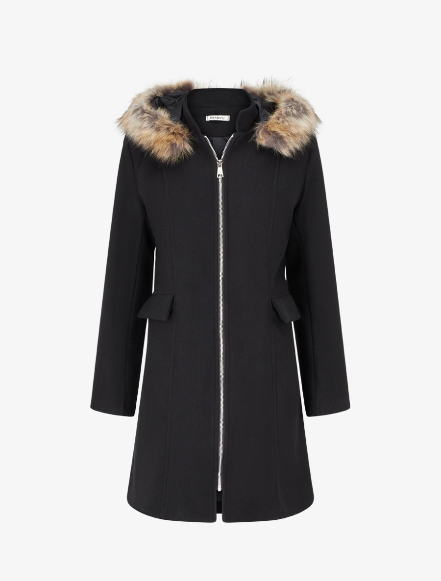 Manteau long à capuche et zip - Noir - 1