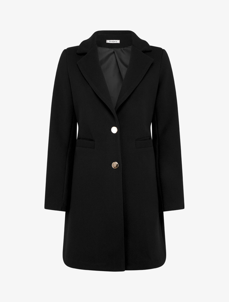 Manteau uni boutonnée à col cranté - Noir - 1