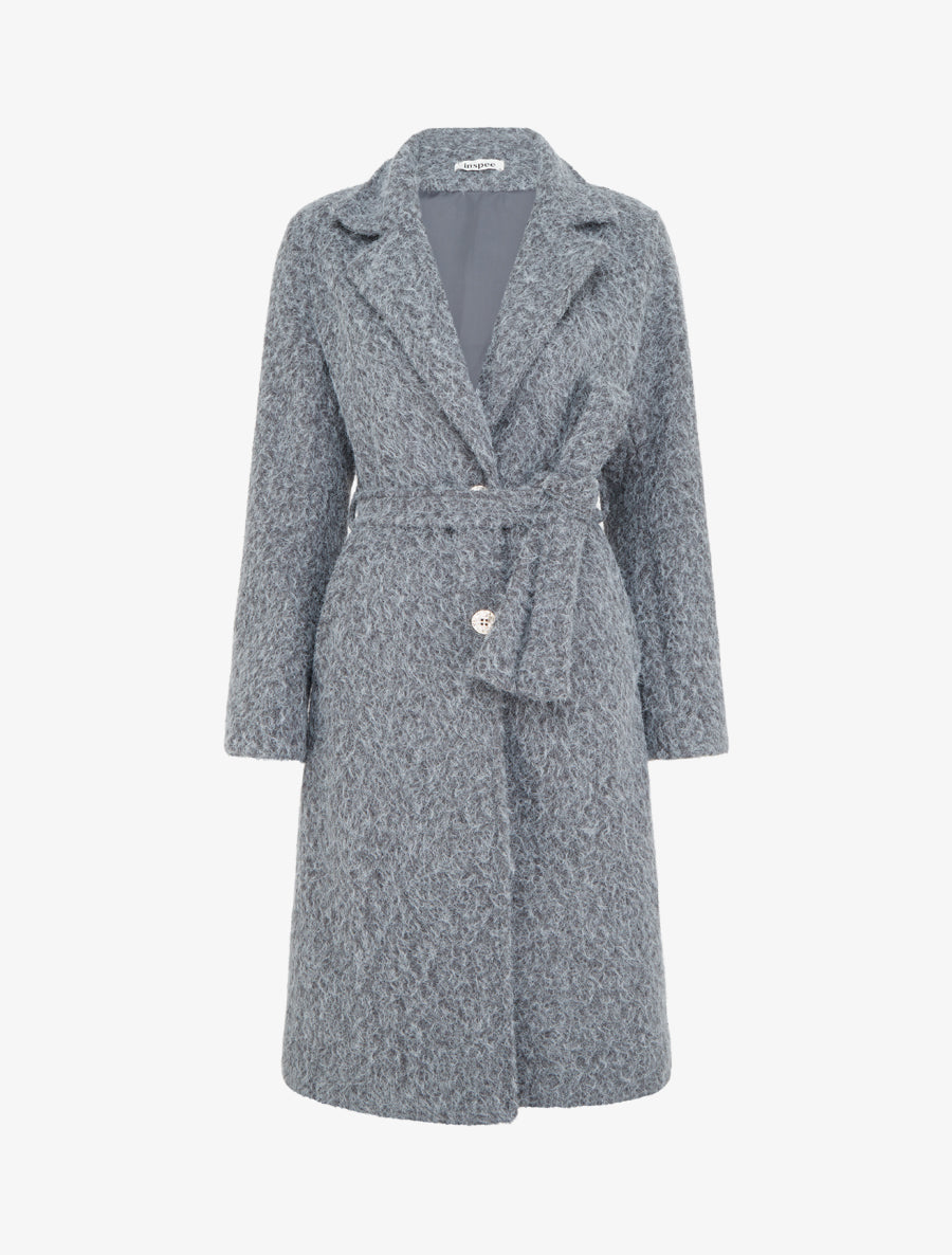 Manteau uni duveteux à col cranté - Gris - 1