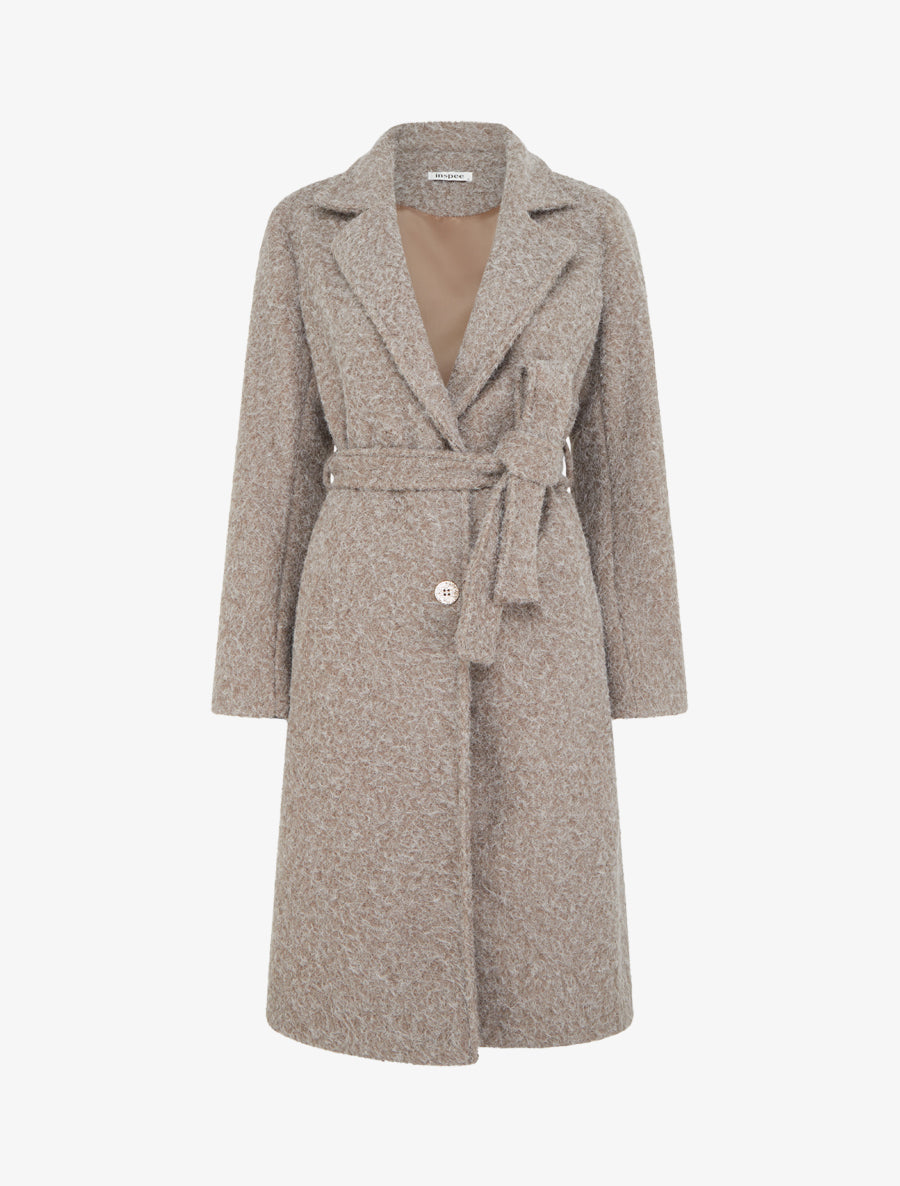 Manteau uni duveteux à col cranté - Taupe - 1