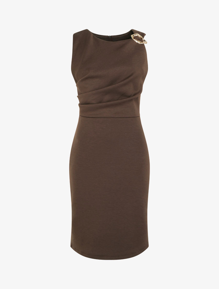 Robe fourreau à empiècement bijou - Marron - 1