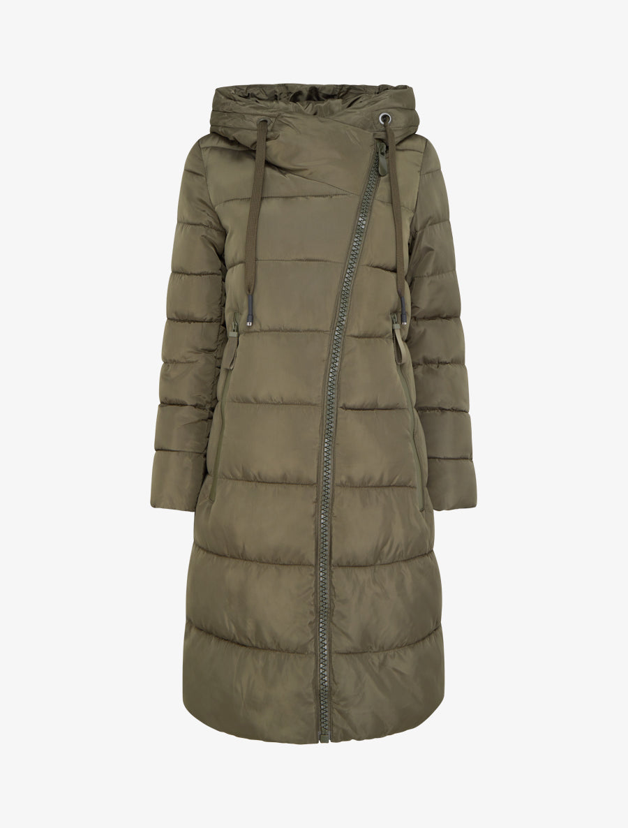 Doudoune longue à capuche et zip en biais - Kaki - 1