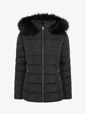 Doudoune droite à capuche en fourrure synthétique - Noir - 1