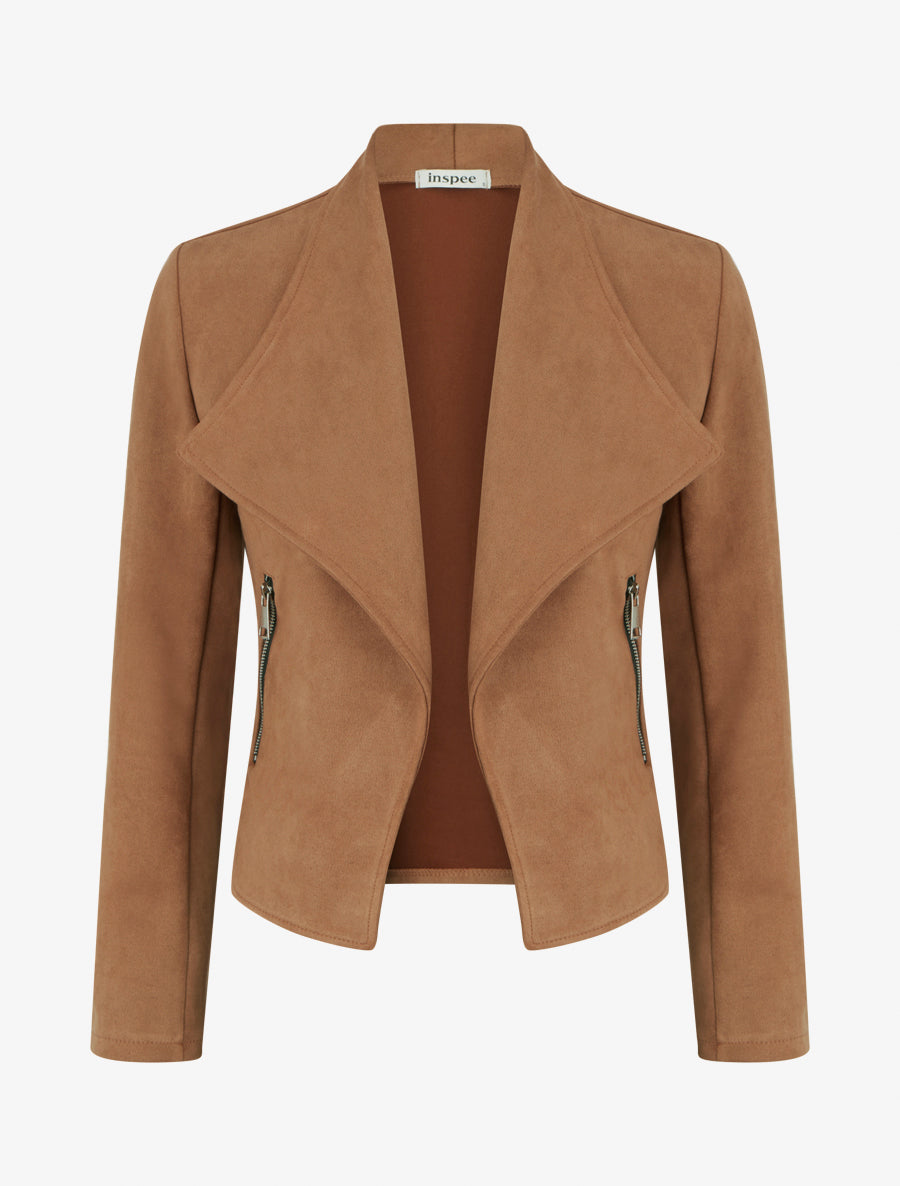 Veste en suédine à poches décoratives zippées - Marron clair - 1