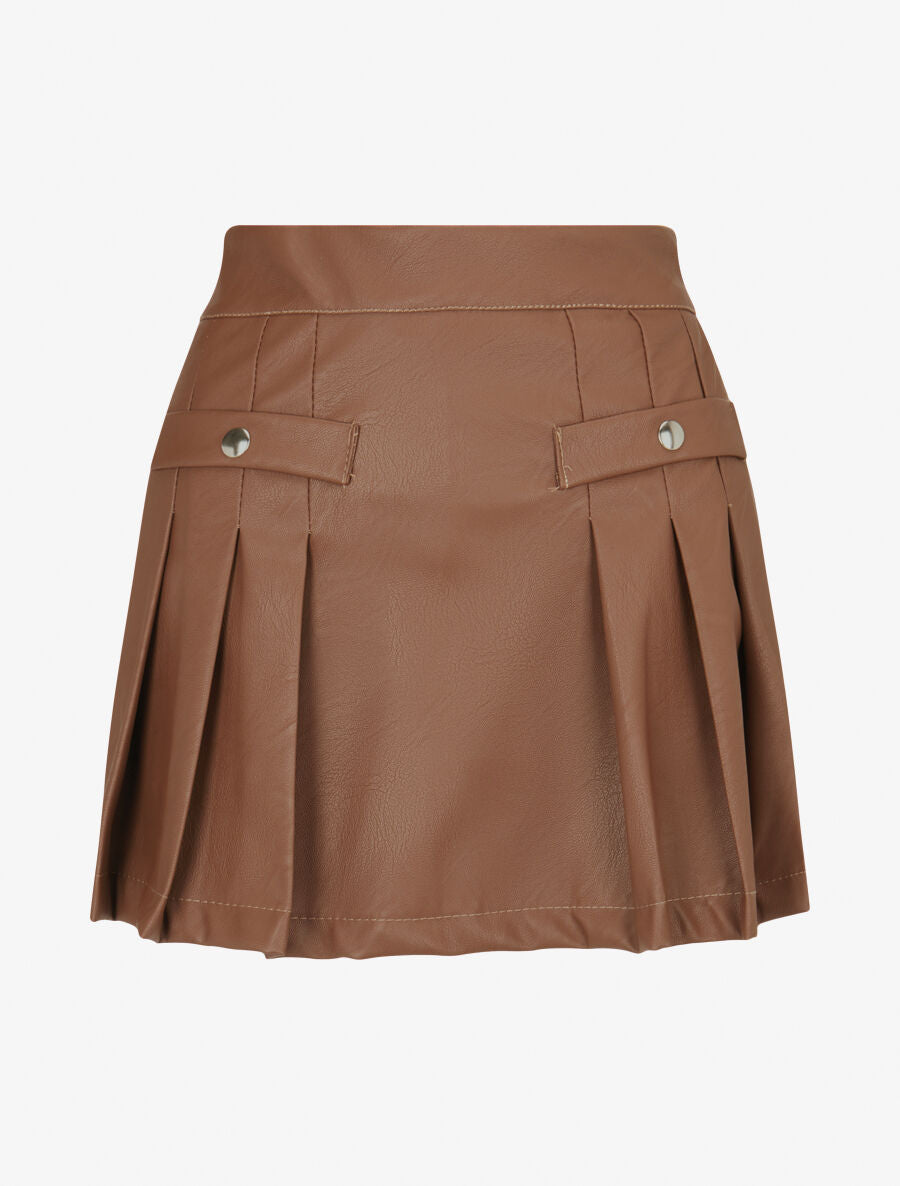 Jupe short plissée en simili - Marron - 1