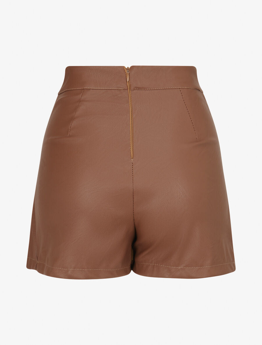 Jupe short plissée en simili - Marron - 2