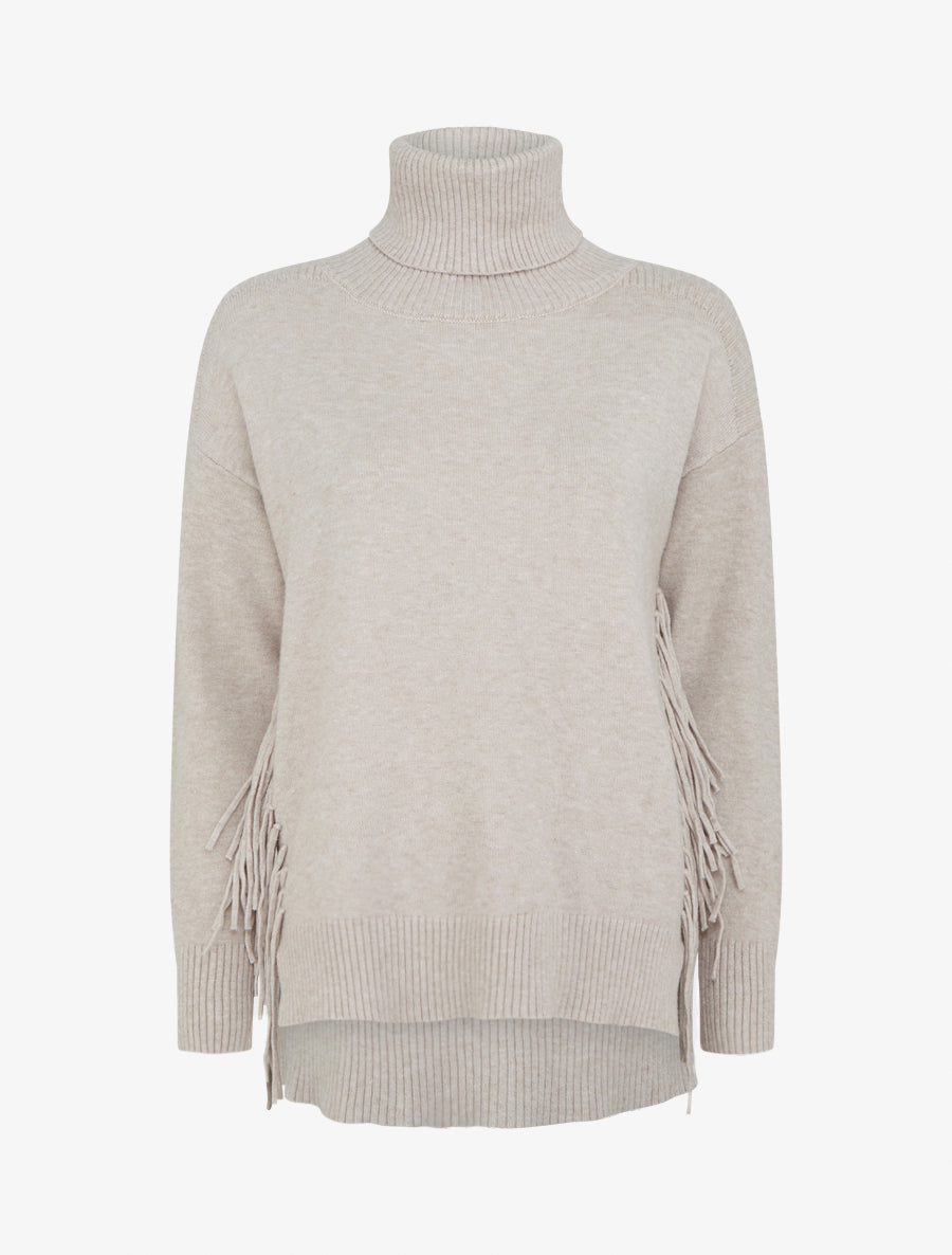 Pull uni à col roulé et franges - Beige - 1