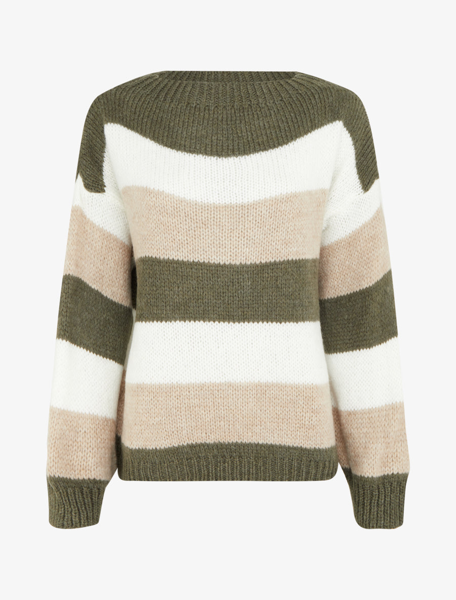 Pull rayé droit à col rond - Kaki - 1