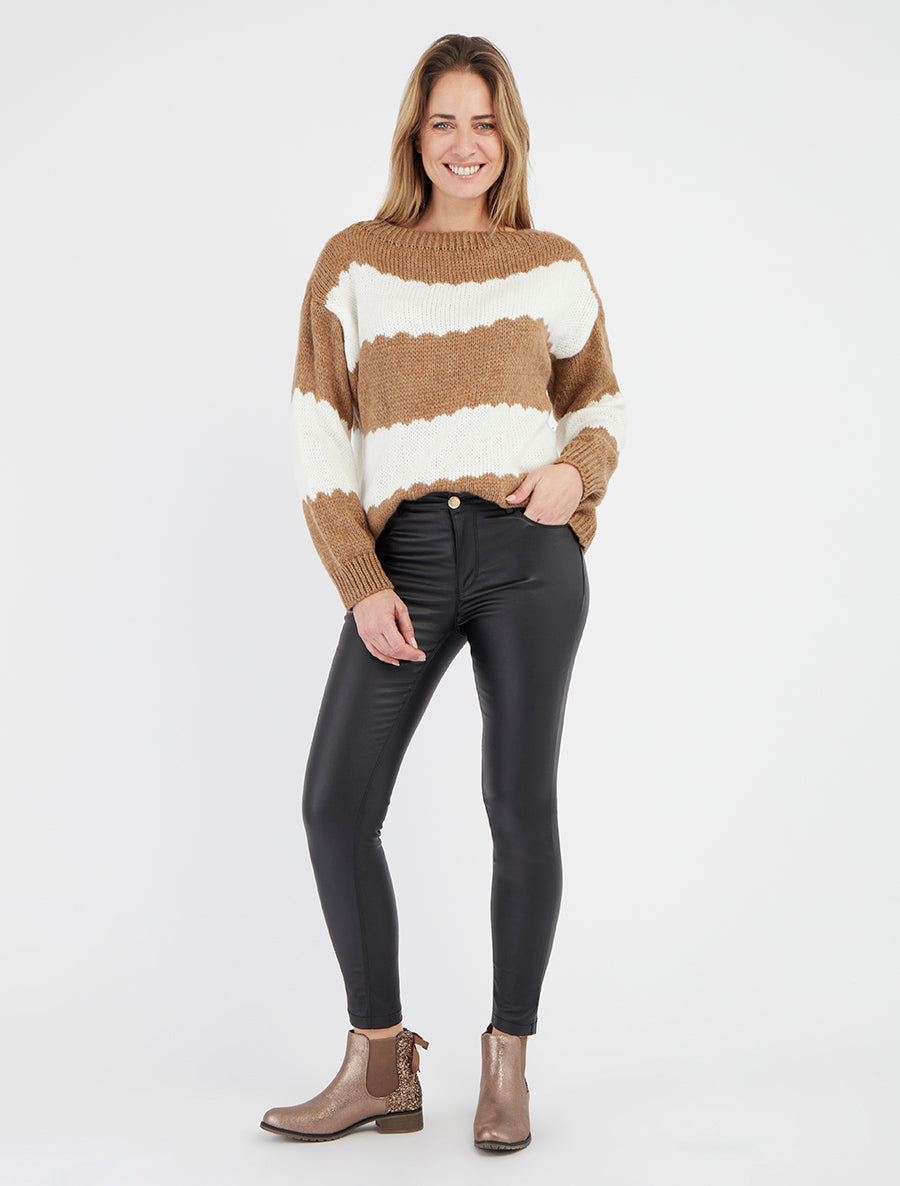 Zweifarbiger gestreifter Strickpullover - Kamel