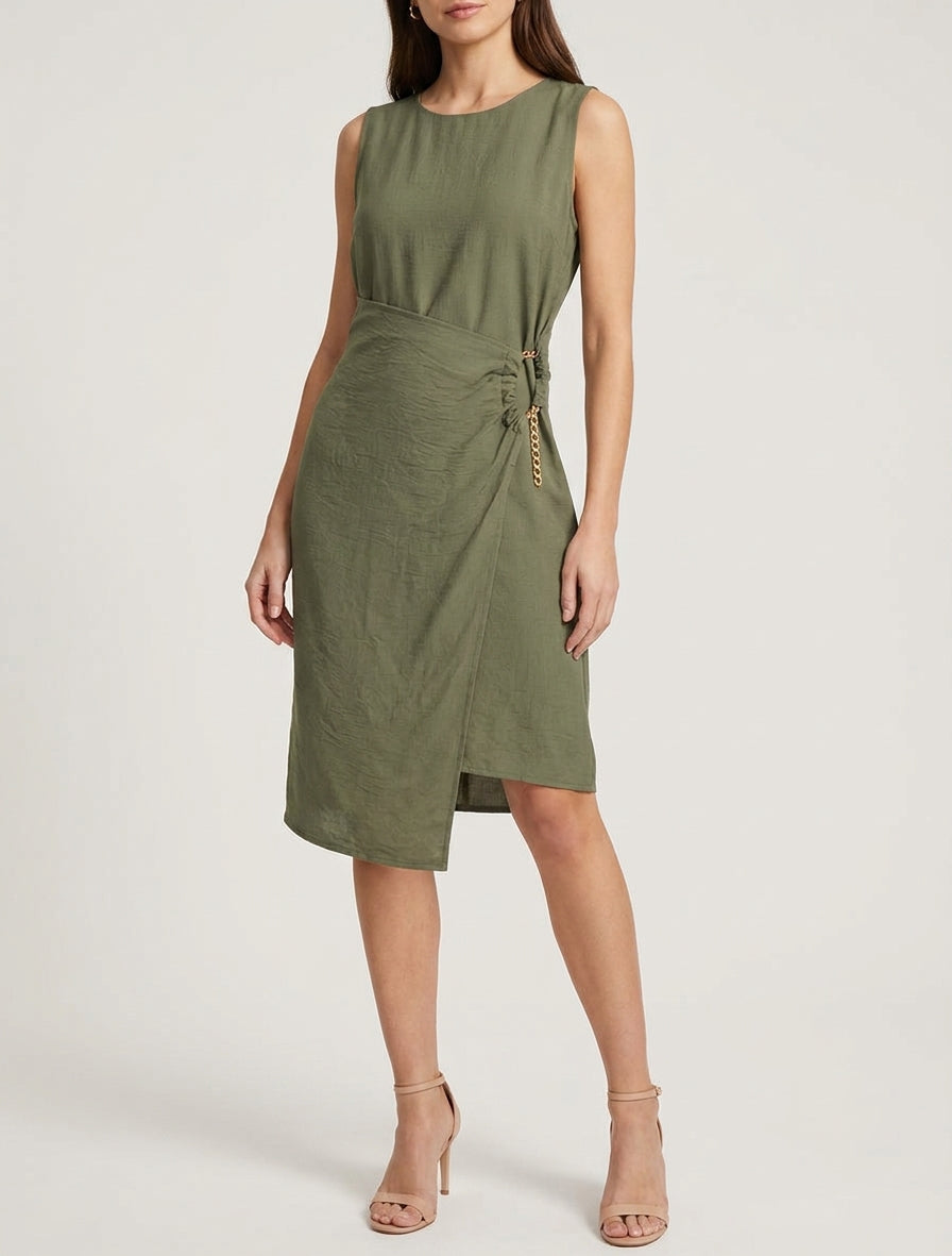 Langes einfarbiges Kleid mit Kettendetail - Kaki
