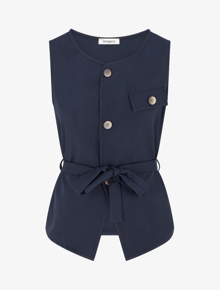 Top boutonné sans manches à poche décorative - Marine - 1