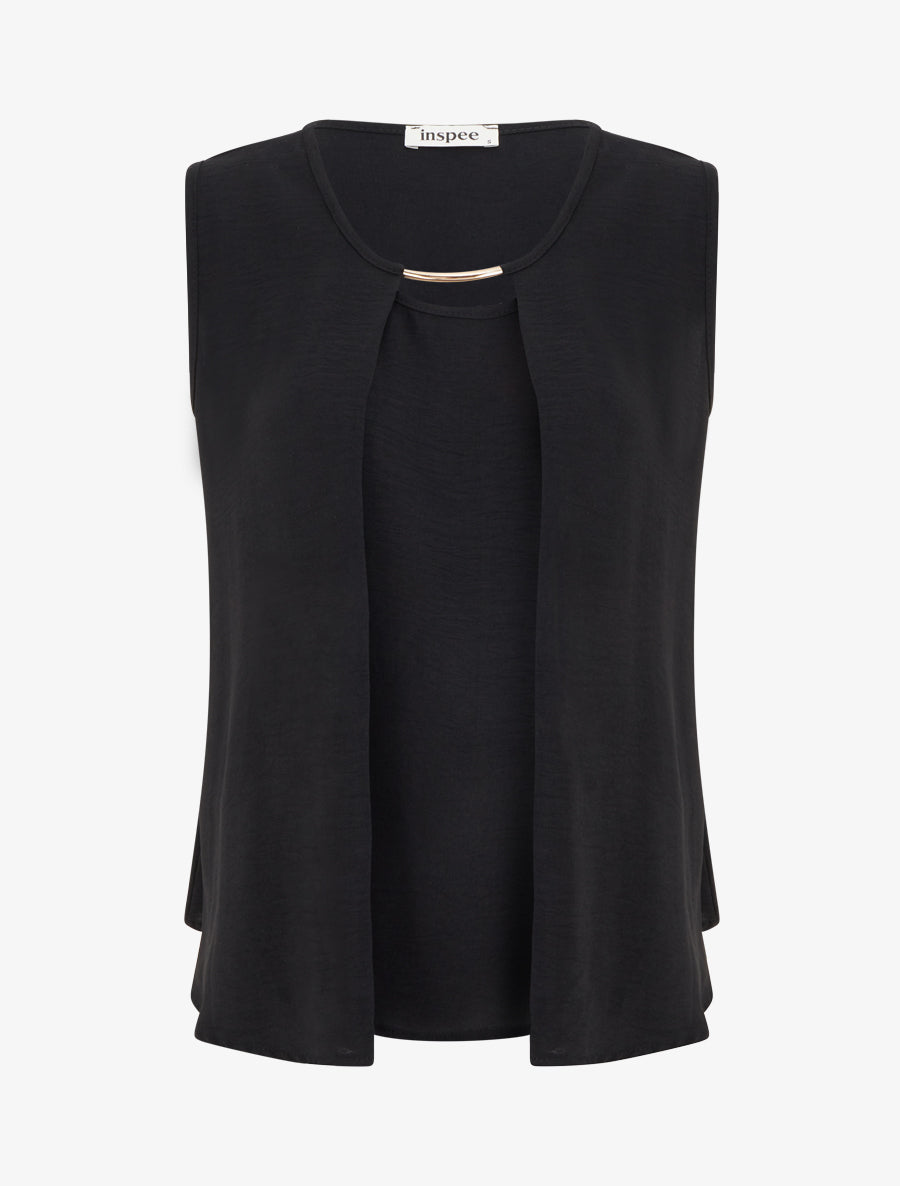 Top droit uni à col rond bijou - Noir - 1
