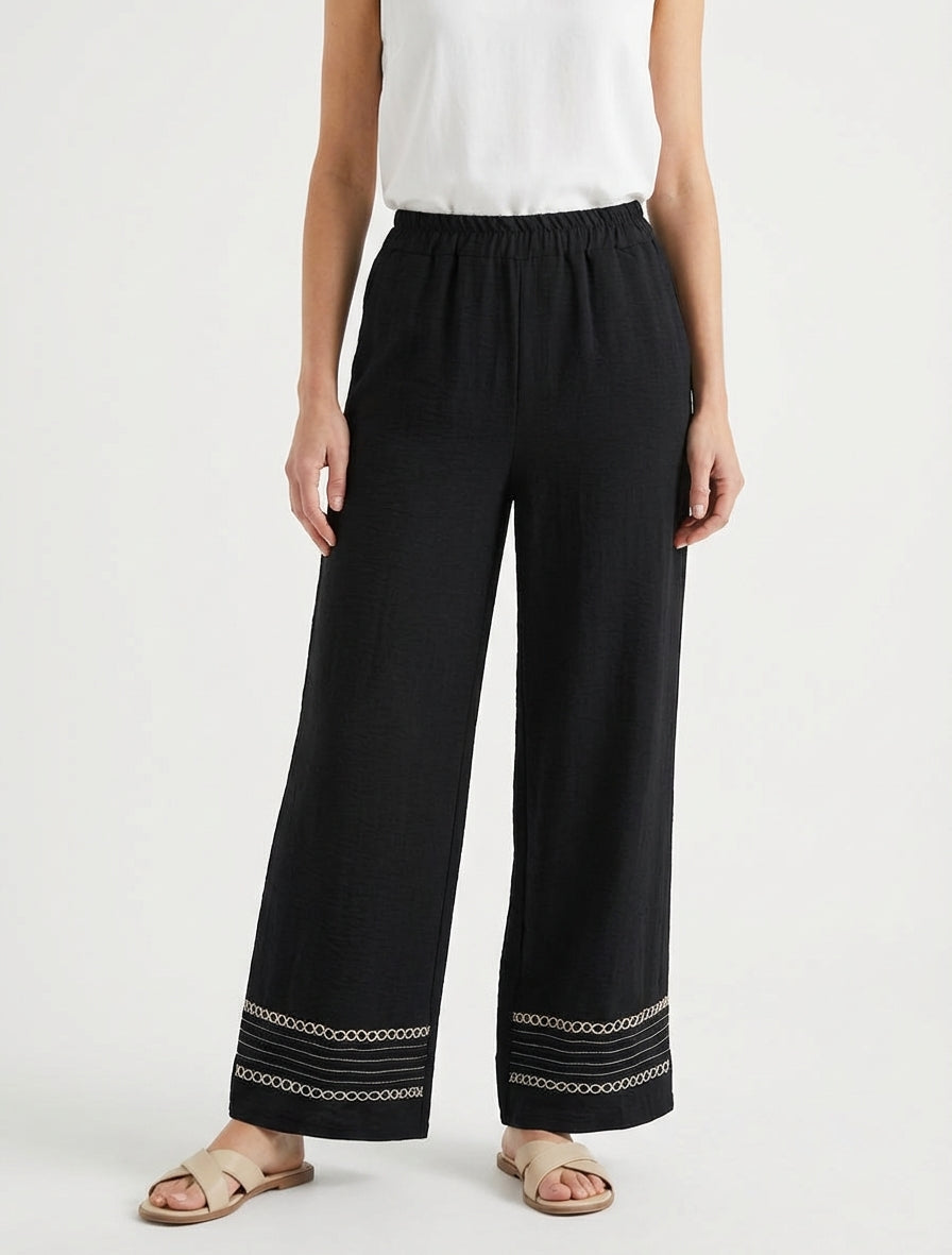 Weite Hose mit bestickten Kanten - Schwarz