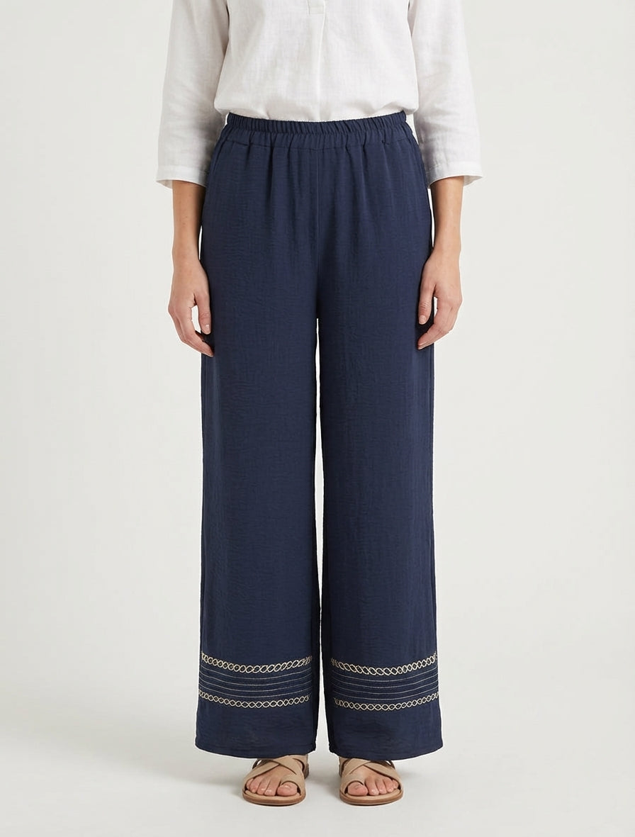 Weite Hose mit bestickten Kanten - Marine