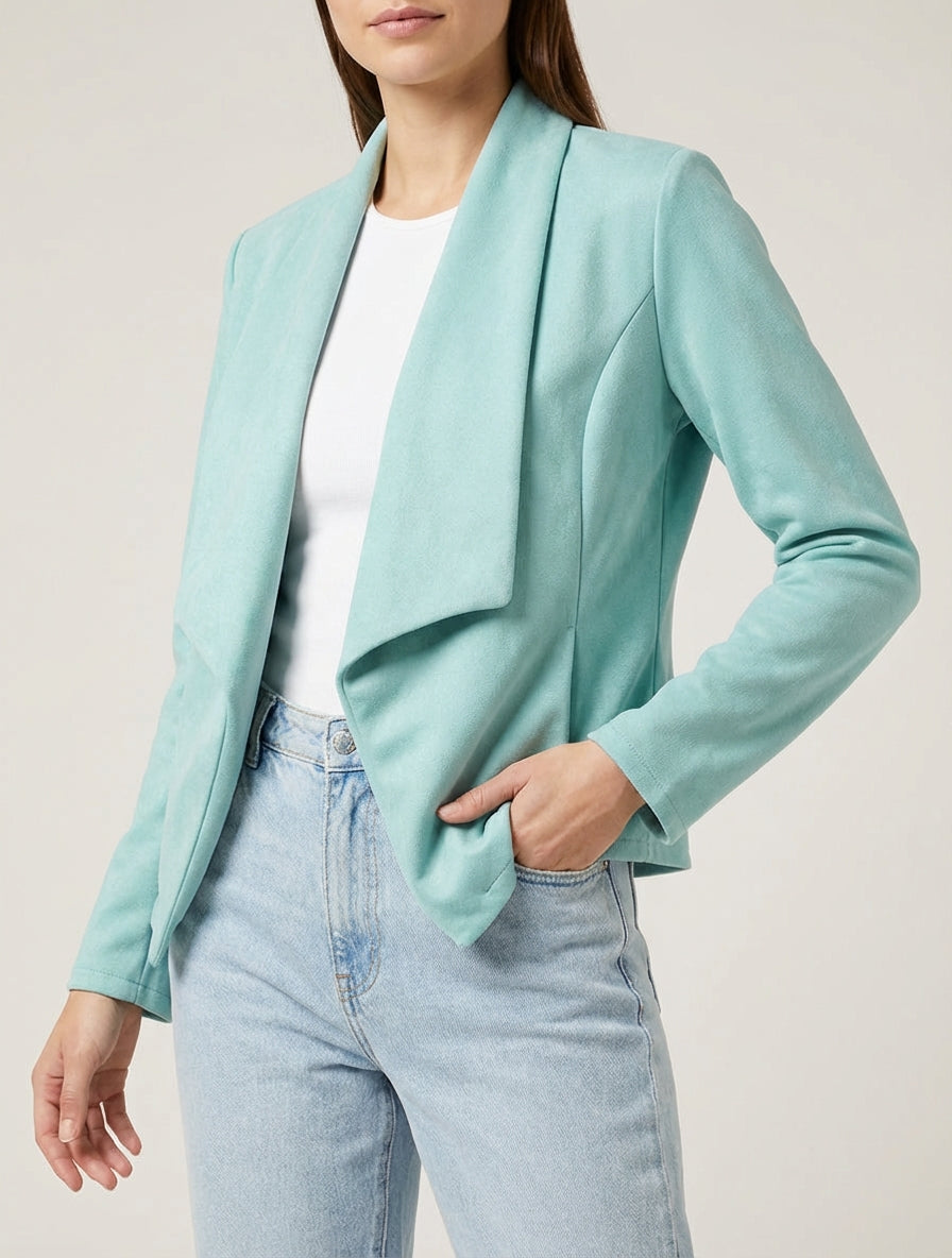 Gerade geschnittener Wildlederimitat-Blazer mit Schalkragen - Wassergrün