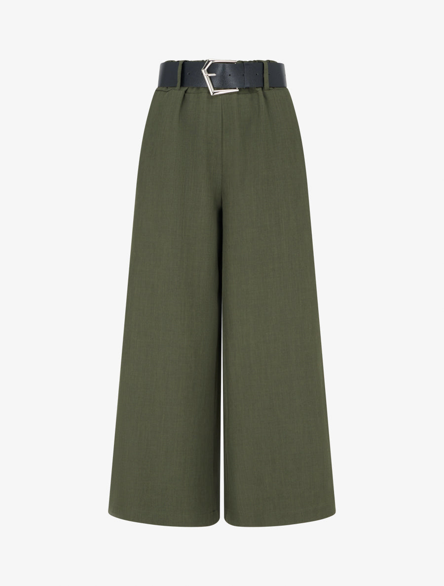 Pantalon ample uni à taille haute - Kaki - 1