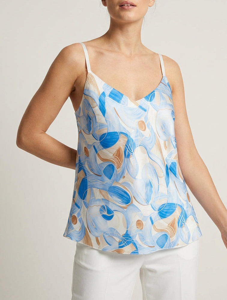 Abstrakt bedrucktes Satin-Caraco - Himmelblau