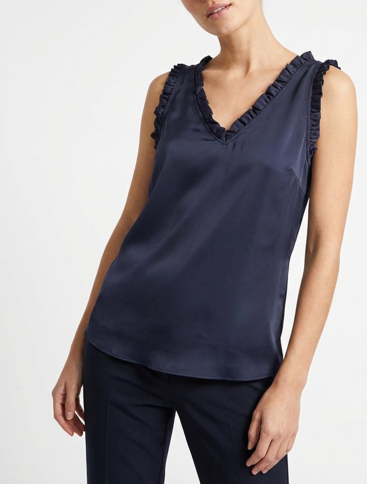 Ärmelloses Satin-Top mit Rüschenkragen - Marine